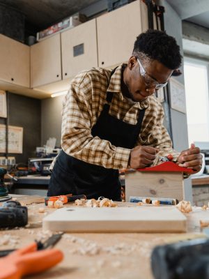 Focused woodworking professional crafting in a carpentry workshop, surrounded by tools and timber.